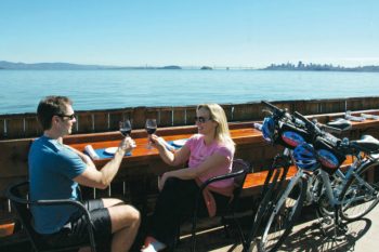 A couple dining in Sausalito after biking.