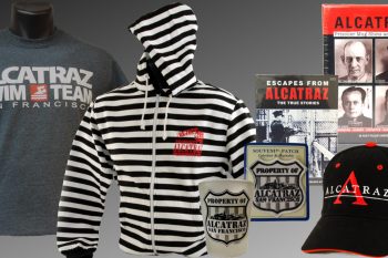 Alcatraz related merchandise including shirts, hats, mugs and books